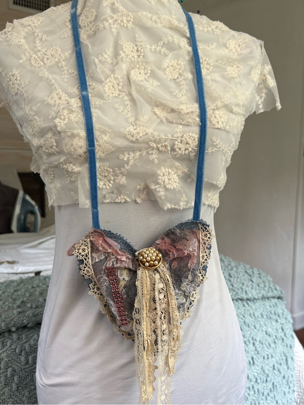 Handmade Upcycled Denim Lace Heart Wearable Art Necklace OS